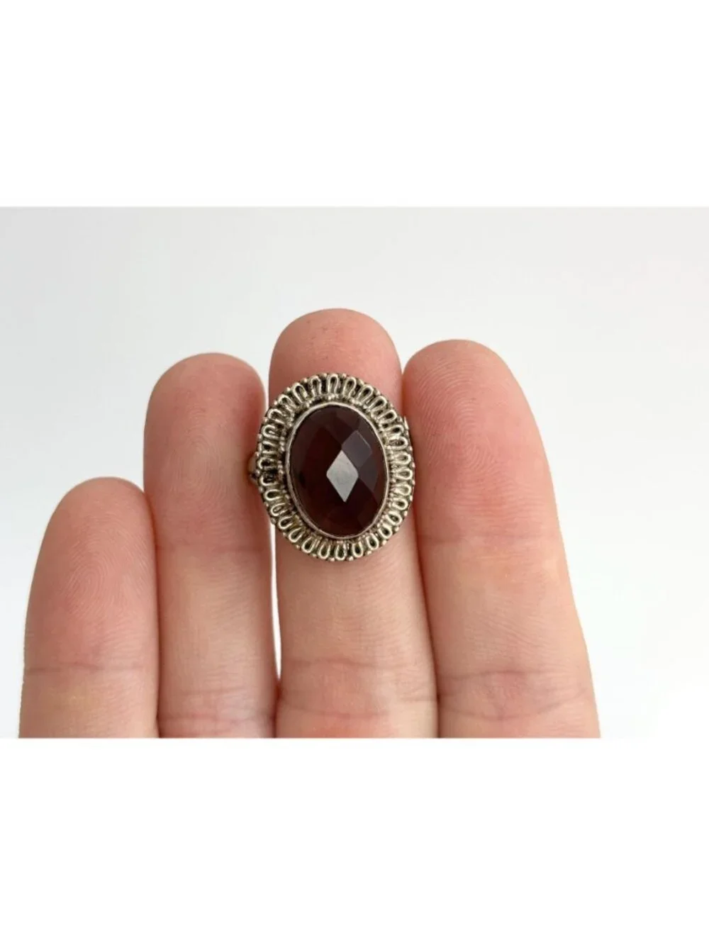 Smoky Quartz Faceted Oval Balinese Sterling Silver 925 Vintage Ring - sz 6.75